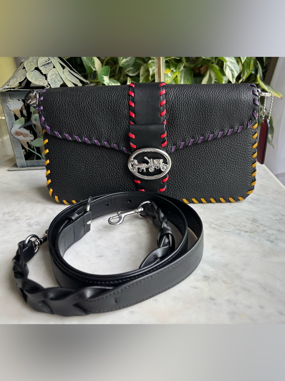 Coach Black Leather Georgie Shoulder Bag with Multicolor Whipstitch - Picture 5 of 13